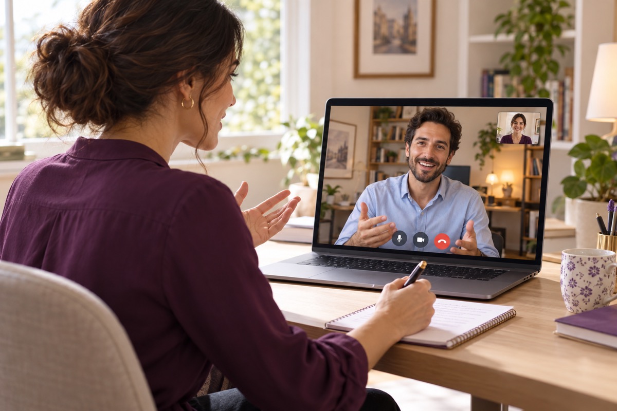 Aula particular de espanhol pela internet, com professor homem na tela.
